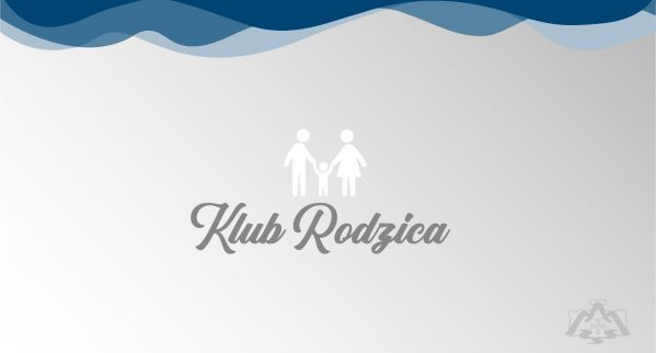 Uproszczone ikony dwojga dorosłych trzymających dziecko za rękę nad polskim słowem Klub Rodzica napisanym eleganckim pismem, na szarym gradientowym tle z niebieskimi falami u góry.